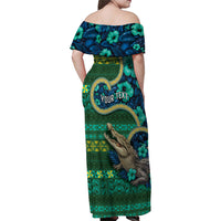 Personalised Solomon Islands Independence Day Family Matching Off Shoulder Maxi Dress and Hawaiian Shirt Crocodile Hibiscus Tribal Pattern