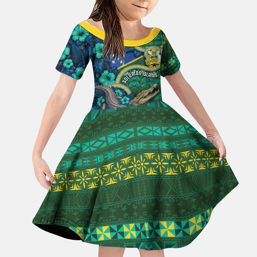 Personalised Solomon Islands Independence Day Family Matching Off Shoulder Short Dress and Hawaiian Shirt Crocodile Hibiscus Tribal Pattern