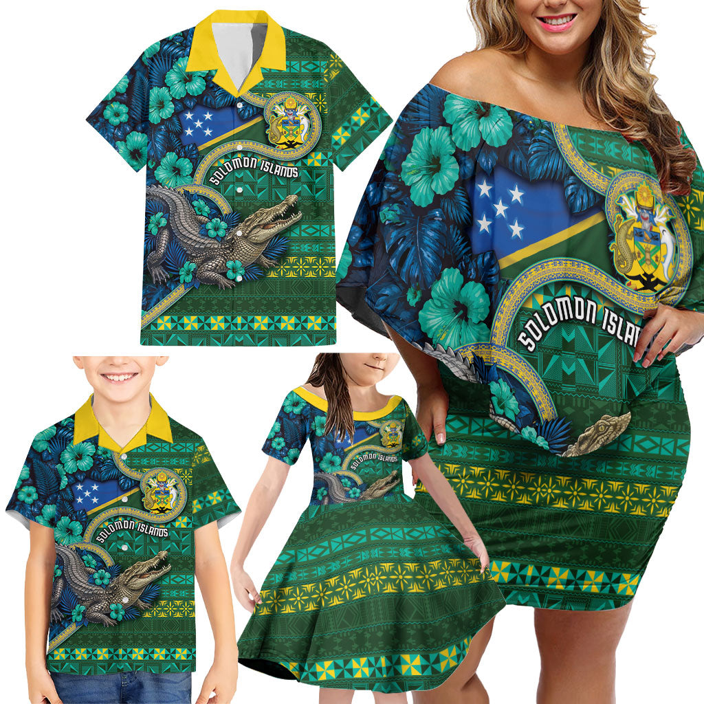 Personalised Solomon Islands Independence Day Family Matching Off Shoulder Short Dress and Hawaiian Shirt Crocodile Hibiscus Tribal Pattern