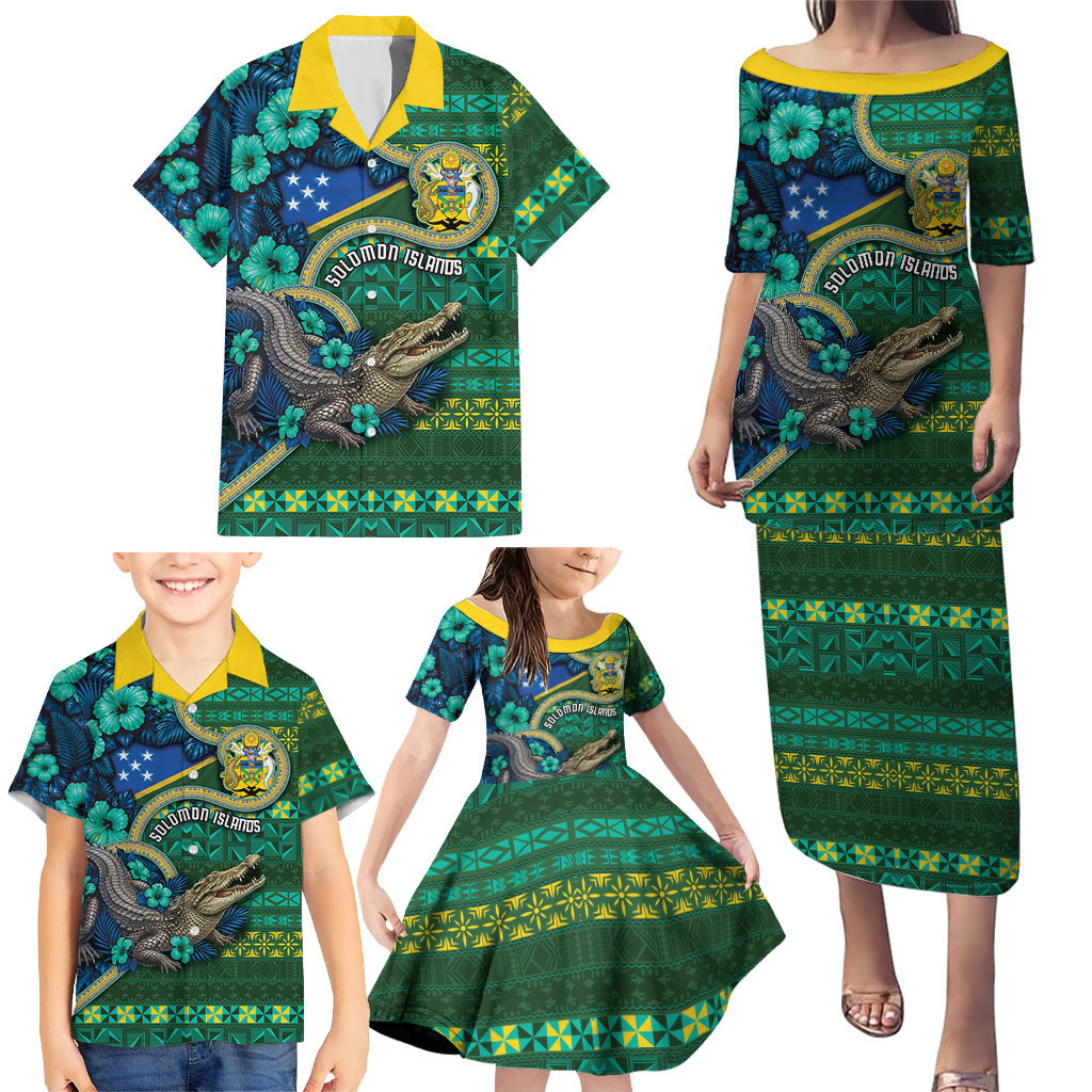 Personalised Solomon Islands Independence Day Family Matching Puletasi and Hawaiian Shirt Crocodile Hibiscus Tribal Pattern