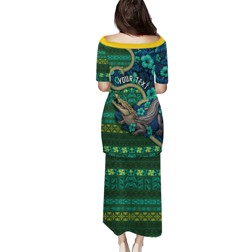 Personalised Solomon Islands Independence Day Family Matching Puletasi and Hawaiian Shirt Crocodile Hibiscus Tribal Pattern