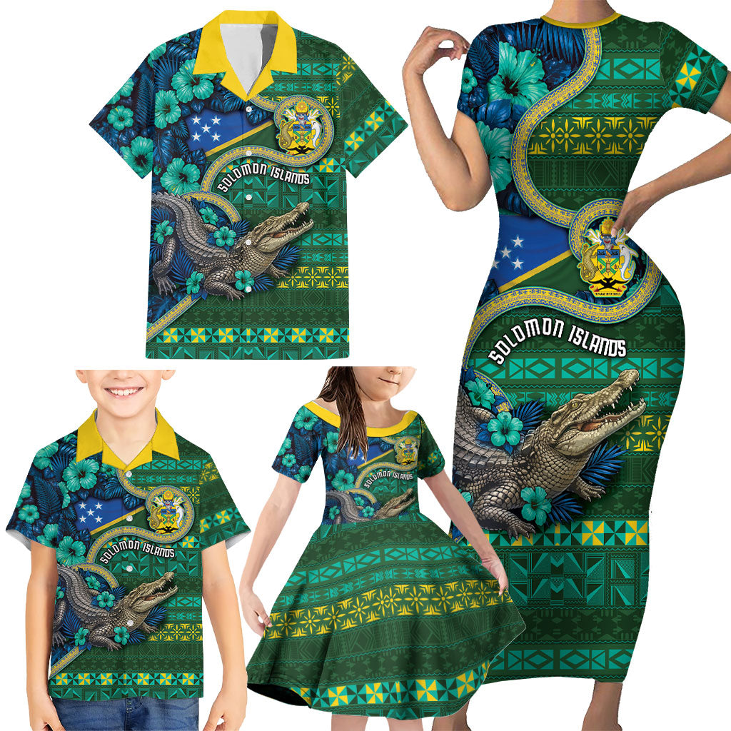 Personalised Solomon Islands Independence Day Family Matching Short Sleeve Bodycon Dress and Hawaiian Shirt Crocodile Hibiscus Tribal Pattern