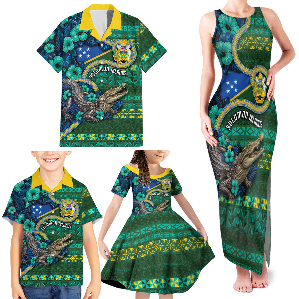 Personalised Solomon Islands Independence Day Family Matching Tank Maxi Dress and Hawaiian Shirt Crocodile Hibiscus Tribal Pattern
