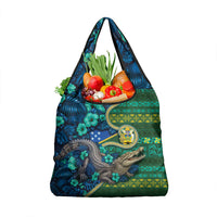 Solomon Islands Independence Day Grocery Bag Crocodile Hibiscus Tribal Pattern