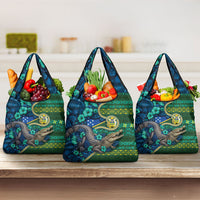Solomon Islands Independence Day Grocery Bag Crocodile Hibiscus Tribal Pattern