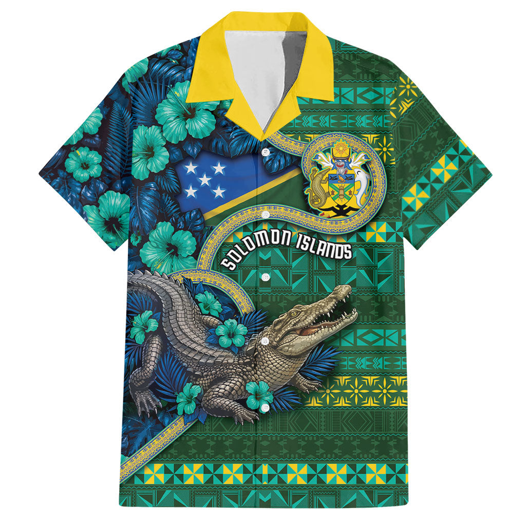 Personalised Solomon Islands Independence Day Hawaiian Shirt Crocodile Hibiscus Tribal Pattern