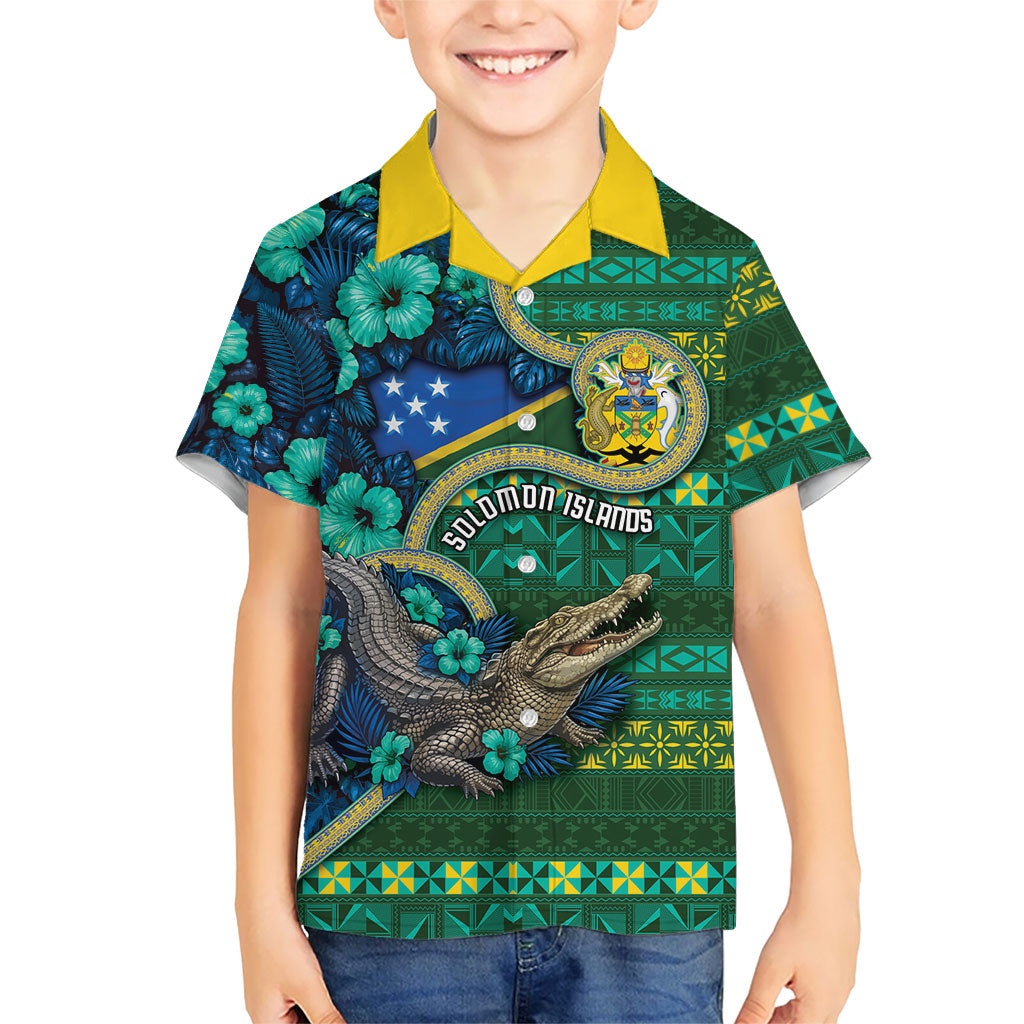 Personalised Solomon Islands Independence Day Hawaiian Shirt Crocodile Hibiscus Tribal Pattern