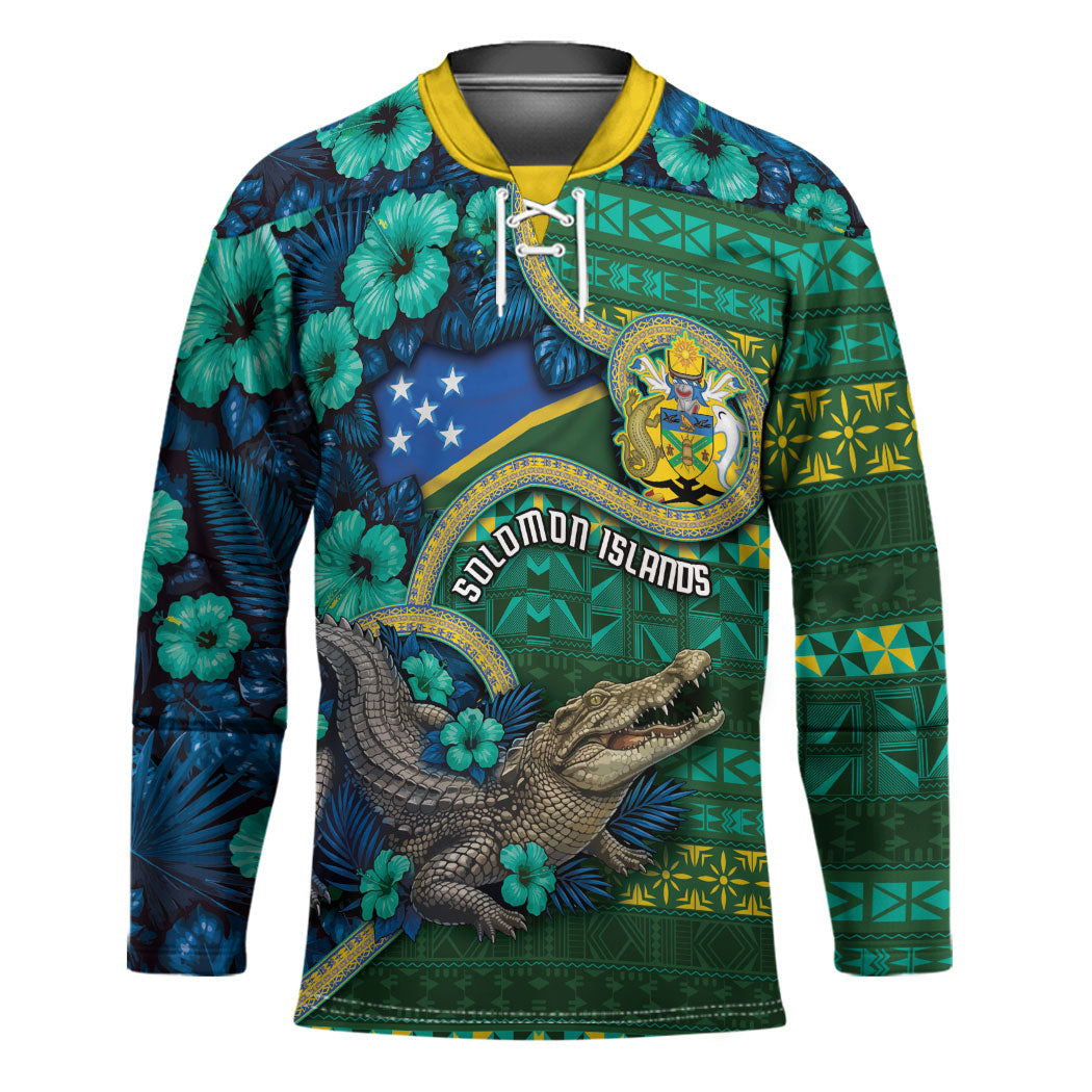 Personalised Solomon Islands Independence Day Hockey Jersey Crocodile Hibiscus Tribal Pattern