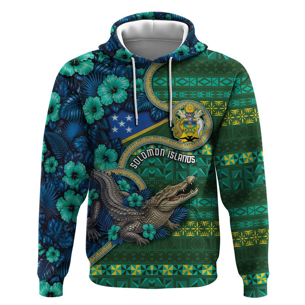 Personalised Solomon Islands Independence Day Hoodie Crocodile Hibiscus Tribal Pattern