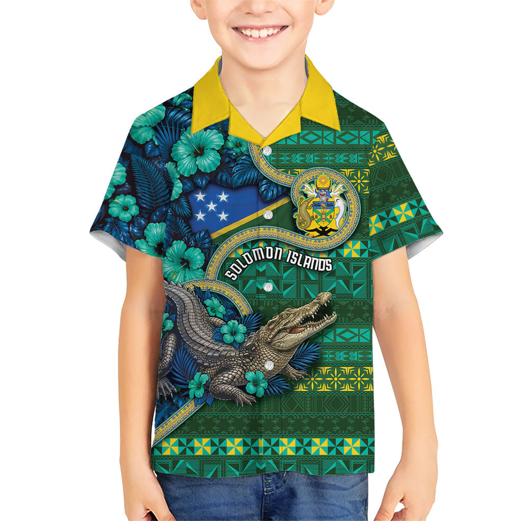 Personalised Solomon Islands Independence Day Kid Hawaiian Shirt Crocodile Hibiscus Tribal Pattern