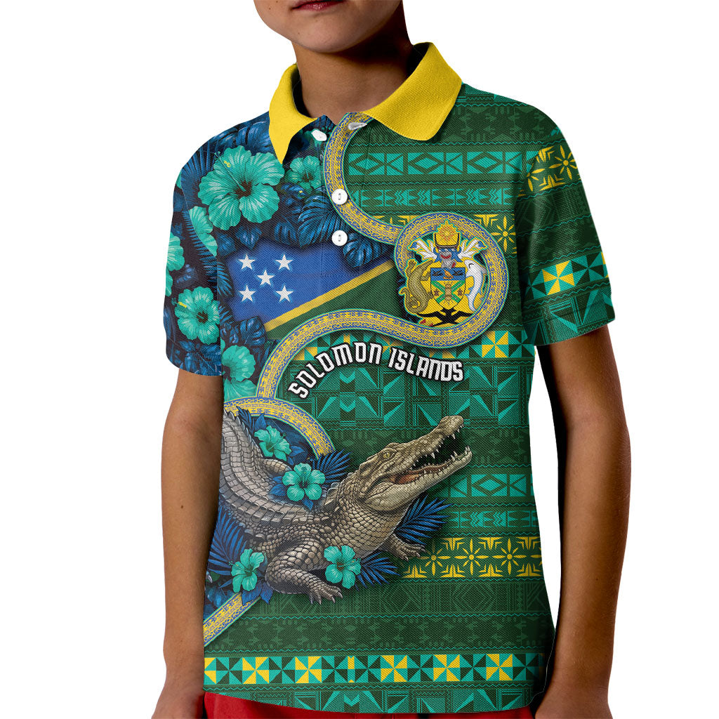 Personalised Solomon Islands Independence Day Kid Polo Shirt Crocodile Hibiscus Tribal Pattern DT05 Kid Green - Polynesian Pride
