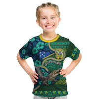 Personalised Solomon Islands Independence Day Kid T Shirt Crocodile Hibiscus Tribal Pattern