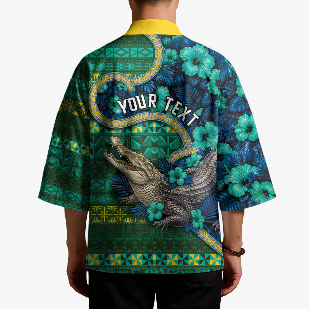 Personalised Solomon Islands Independence Day Kimono Crocodile Hibiscus Tribal Pattern