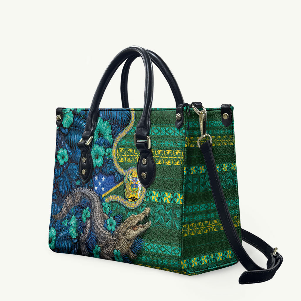 Solomon Islands Independence Day Leather Bag Crocodile Hibiscus Tribal Pattern