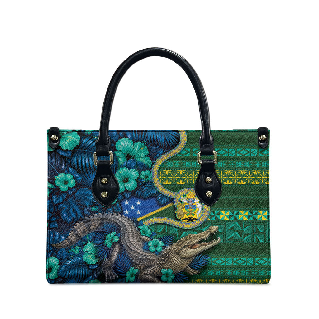 Solomon Islands Independence Day Leather Bag Crocodile Hibiscus Tribal Pattern