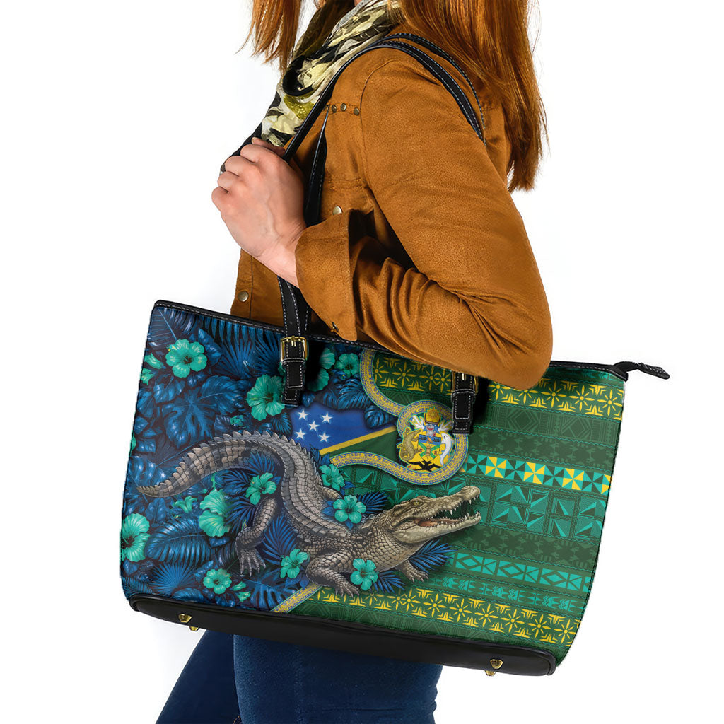 Solomon Islands Independence Day Leather Tote Bag Crocodile Hibiscus Tribal Pattern