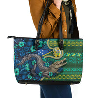 Solomon Islands Independence Day Leather Tote Bag Crocodile Hibiscus Tribal Pattern