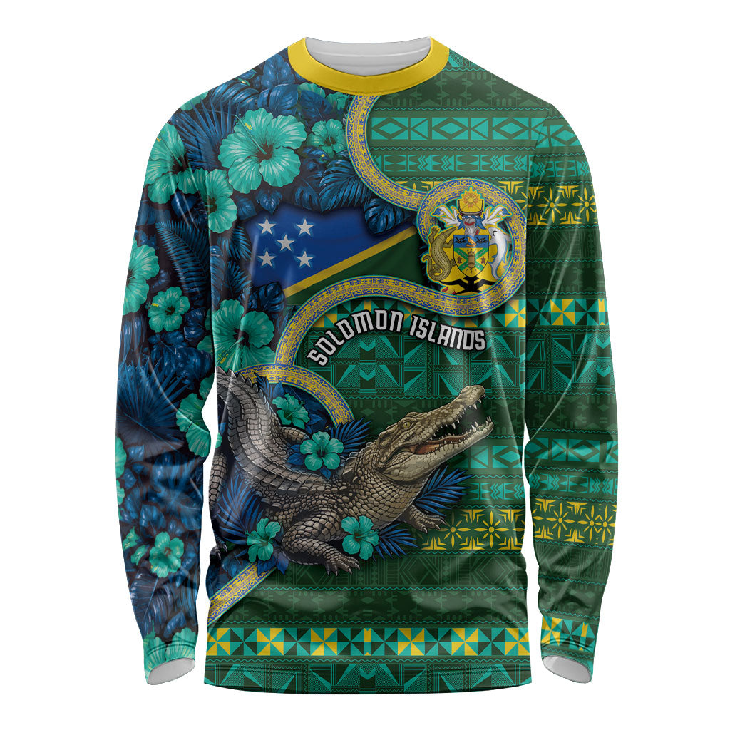 Personalised Solomon Islands Independence Day Long Sleeve Shirt Crocodile Hibiscus Tribal Pattern
