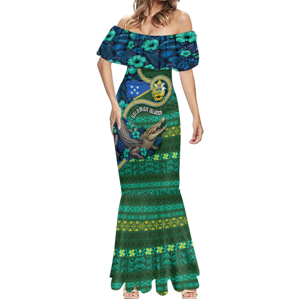 Personalised Solomon Islands Independence Day Mermaid Dress Crocodile Hibiscus Tribal Pattern