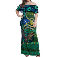 Personalised Solomon Islands Independence Day Off Shoulder Maxi Dress Crocodile Hibiscus Tribal Pattern