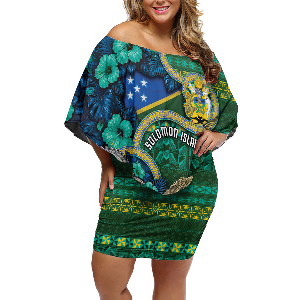 Personalised Solomon Islands Independence Day Off Shoulder Short Dress Crocodile Hibiscus Tribal Pattern