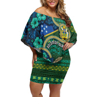 Personalised Solomon Islands Independence Day Off Shoulder Short Dress Crocodile Hibiscus Tribal Pattern