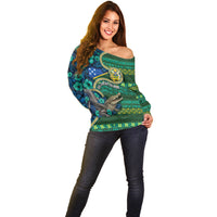 Personalised Solomon Islands Independence Day Off Shoulder Sweater Crocodile Hibiscus Tribal Pattern