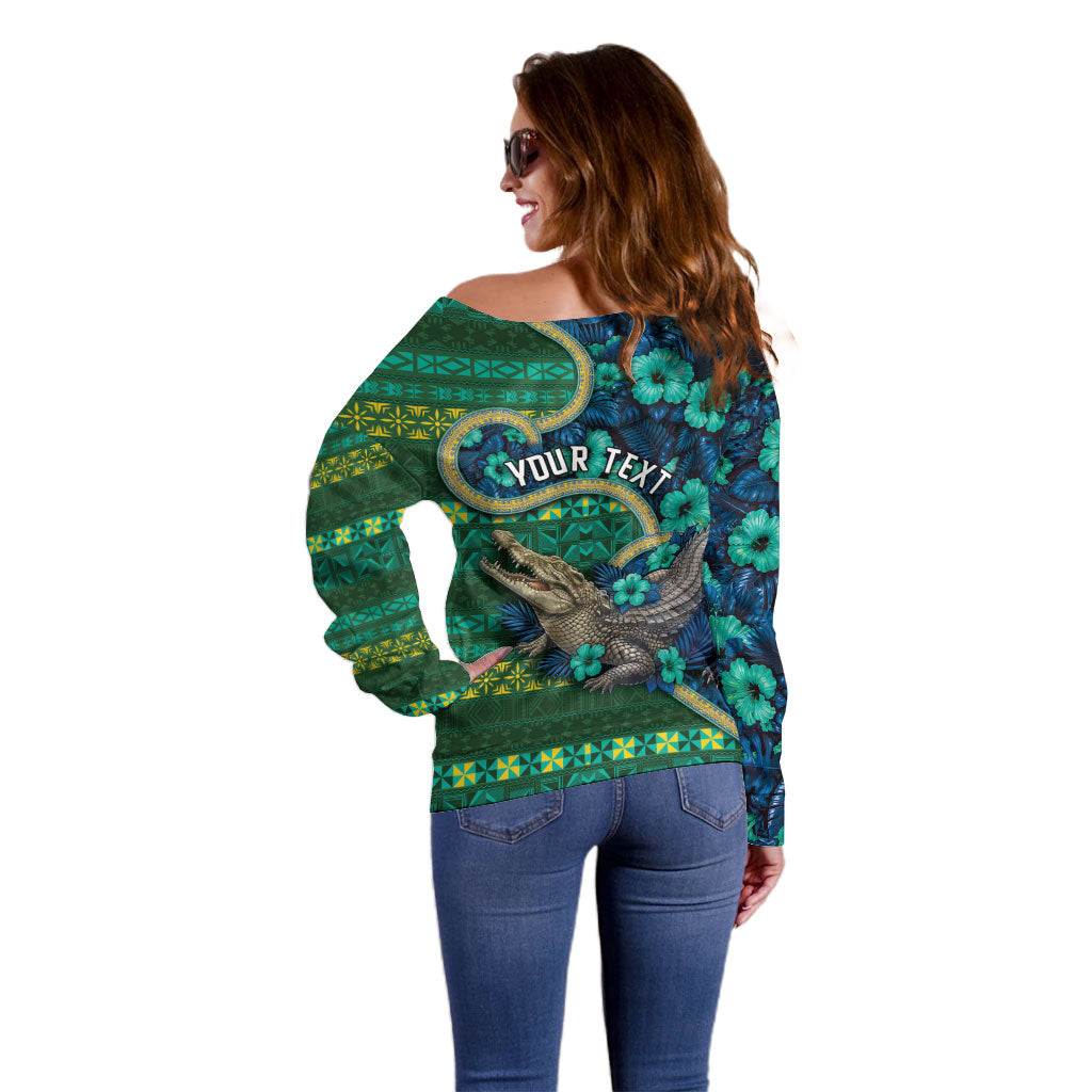 Personalised Solomon Islands Independence Day Off Shoulder Sweater Crocodile Hibiscus Tribal Pattern