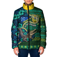 Personalised Solomon Islands Independence Day Padded Jacket Crocodile Hibiscus Tribal Pattern