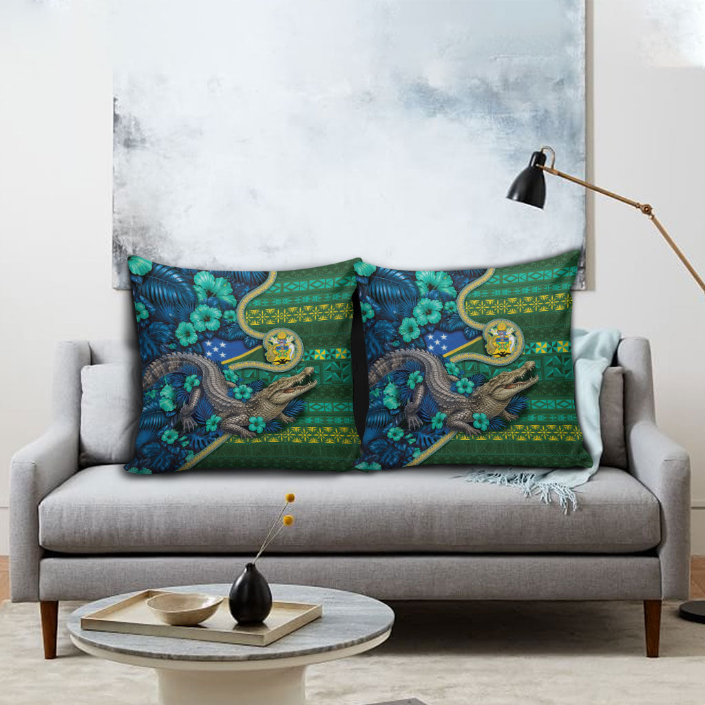 Solomon Islands Independence Day Pillow Cover Crocodile Hibiscus Tribal Pattern
