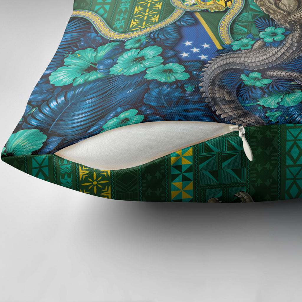 Solomon Islands Independence Day Pillow Cover Crocodile Hibiscus Tribal Pattern