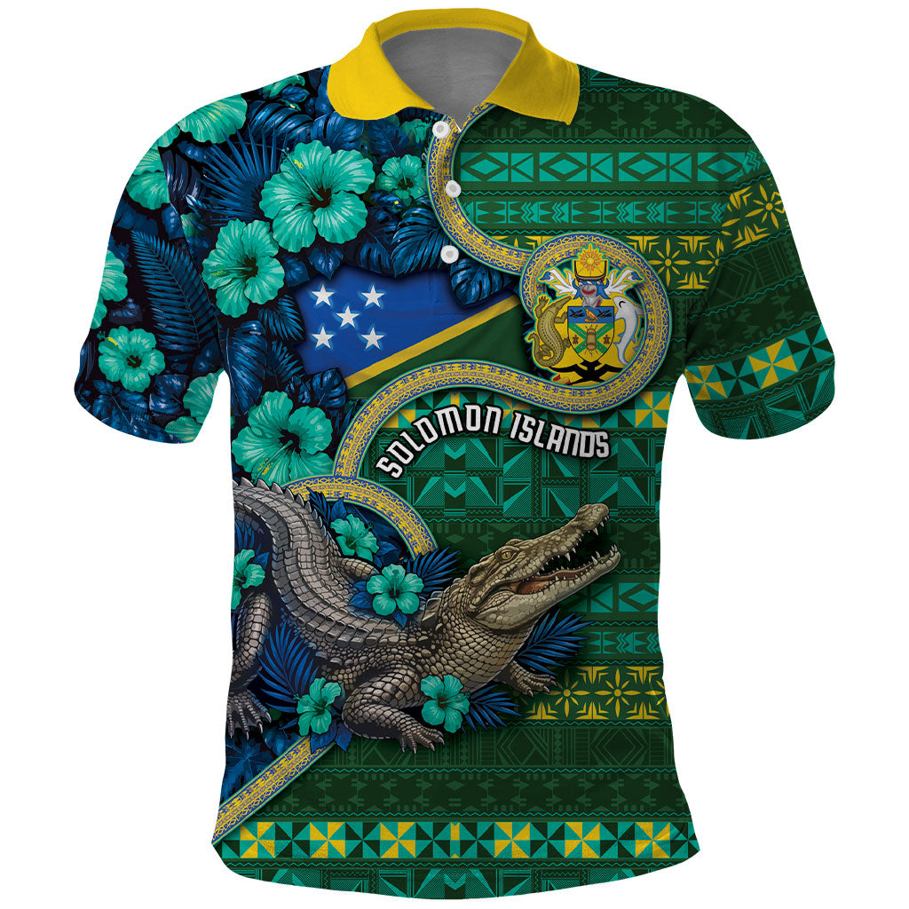 Personalised Solomon Islands Independence Day Polo Shirt Crocodile Hibiscus Tribal Pattern
