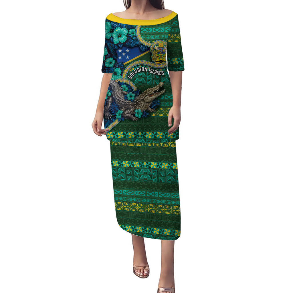Personalised Solomon Islands Independence Day Puletasi Crocodile Hibiscus Tribal Pattern