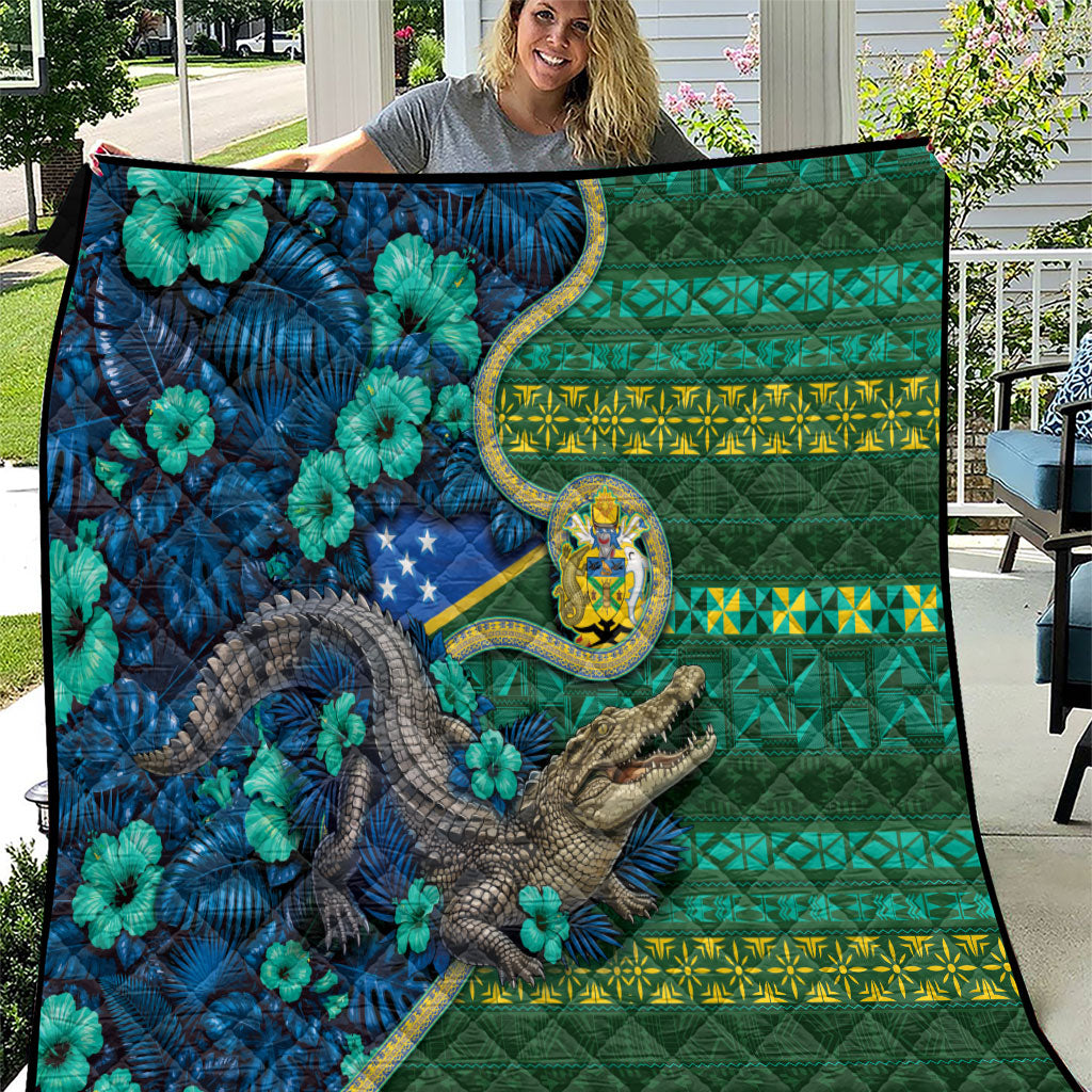 Solomon Islands Independence Day Quilt Crocodile Hibiscus Tribal Pattern DT05 Green - Polynesian Pride