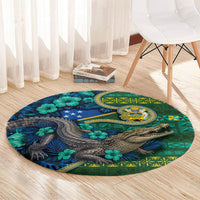Solomon Islands Independence Day Round Carpet Crocodile Hibiscus Tribal Pattern