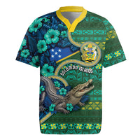 Personalised Solomon Islands Independence Day Rugby Jersey Crocodile Hibiscus Tribal Pattern