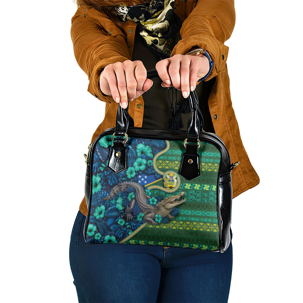 Solomon Islands Independence Day Shoulder Handbag Crocodile Hibiscus Tribal Pattern