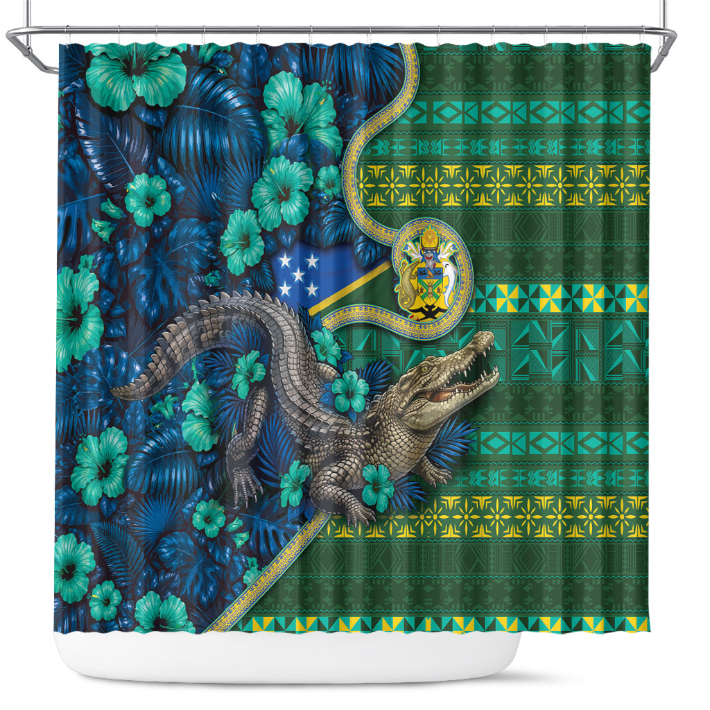 Solomon Islands Independence Day Shower Curtain Crocodile Hibiscus Tribal Pattern