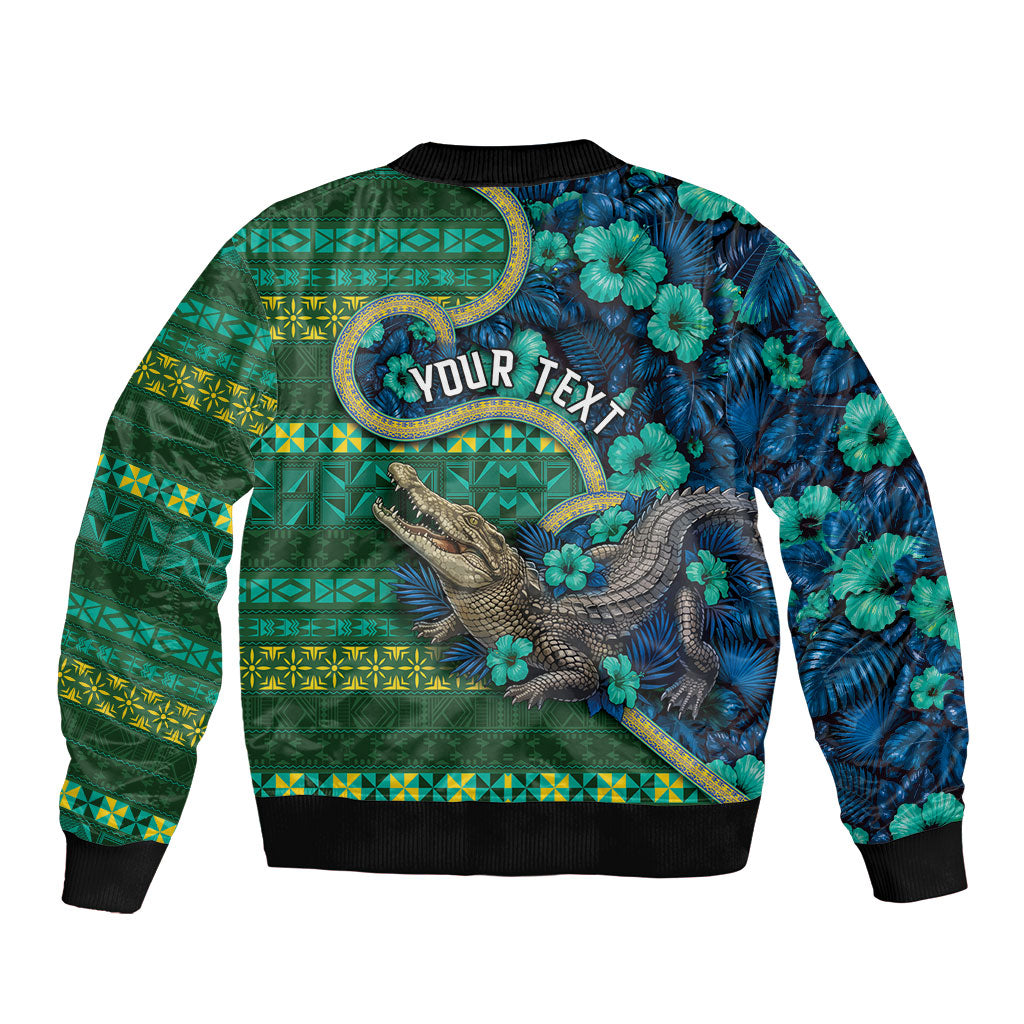 Personalised Solomon Islands Independence Day Sleeve Zip Bomber Jacket Crocodile Hibiscus Tribal Pattern