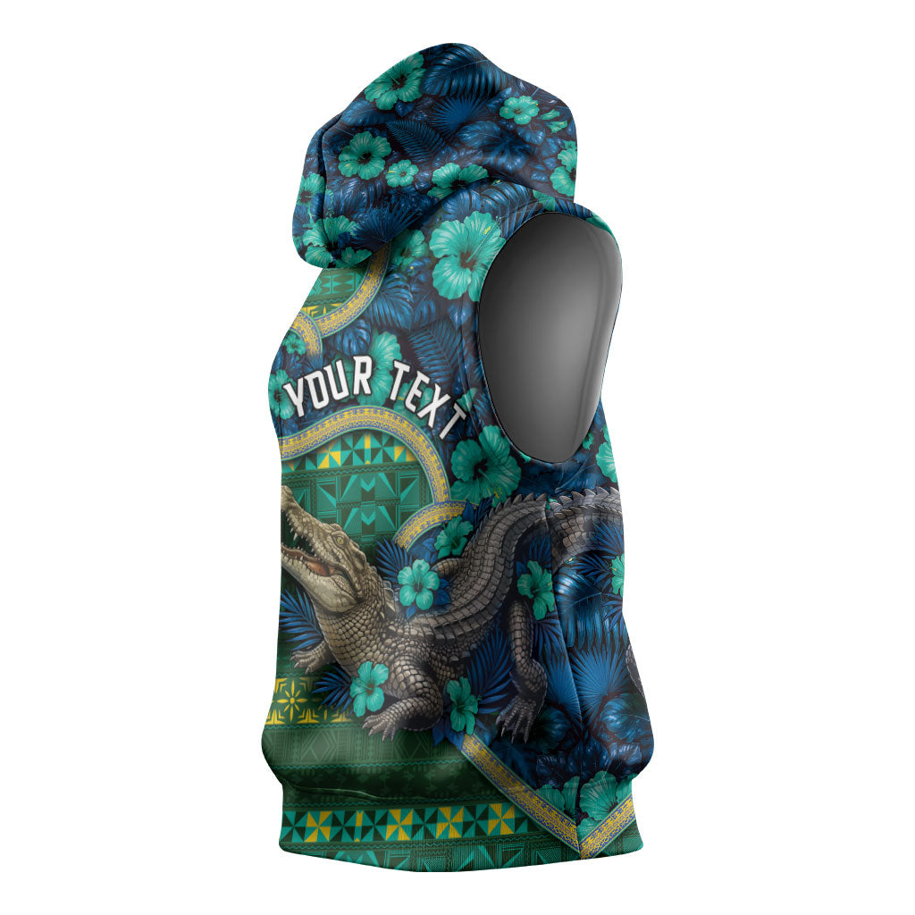 Personalised Solomon Islands Independence Day Sleeveless Hoodie Crocodile Hibiscus Tribal Pattern