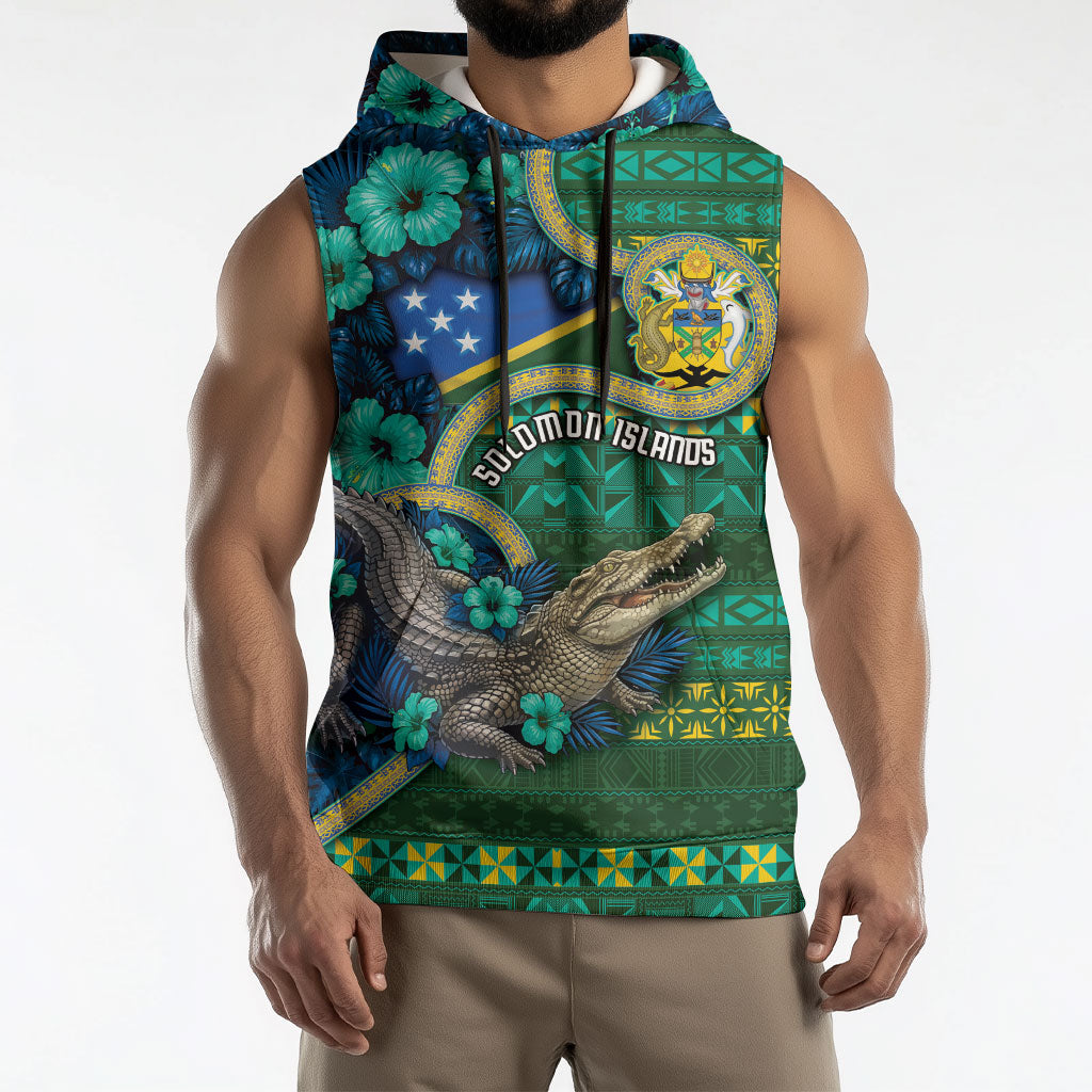 Personalised Solomon Islands Independence Day Sleeveless Hoodie Crocodile Hibiscus Tribal Pattern
