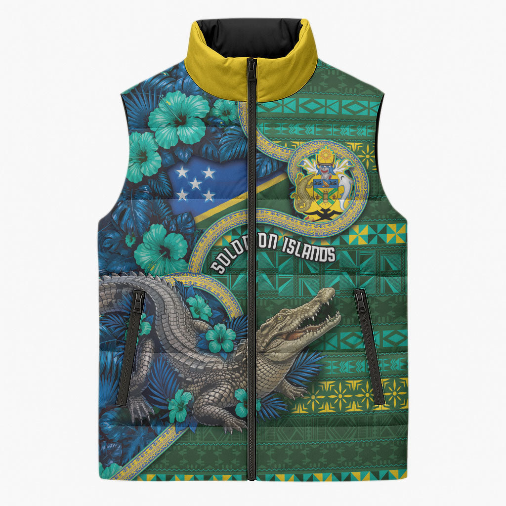 Personalised Solomon Islands Independence Day Sleeveless Puffer Jacket Crocodile Hibiscus Tribal Pattern