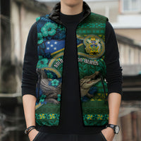 Personalised Solomon Islands Independence Day Sleeveless Puffer Jacket Crocodile Hibiscus Tribal Pattern