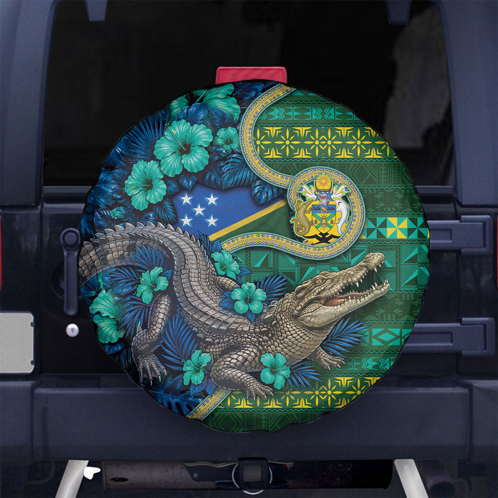 Solomon Islands Independence Day Spare Tire Cover Crocodile Hibiscus Tribal Pattern