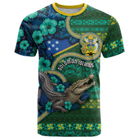 Personalised Solomon Islands Independence Day T Shirt Crocodile Hibiscus Tribal Pattern