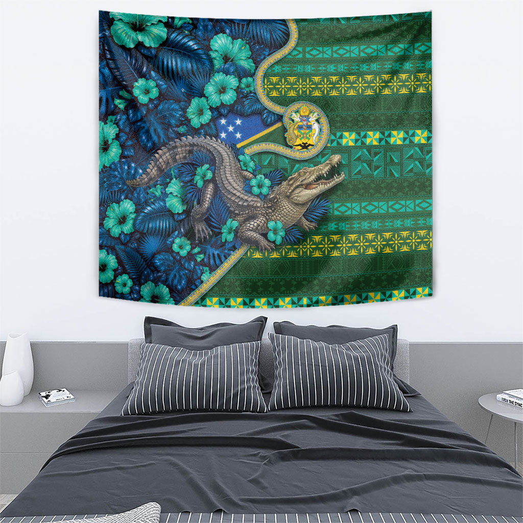 Solomon Islands Independence Day Tapestry Crocodile Hibiscus Tribal Pattern