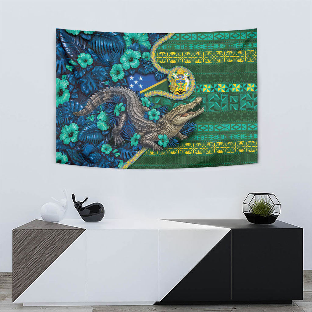 Solomon Islands Independence Day Tapestry Crocodile Hibiscus Tribal Pattern