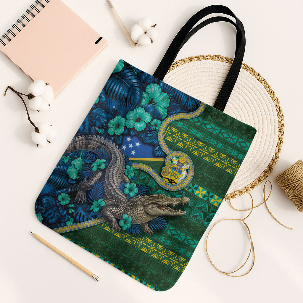 Solomon Islands Independence Day Tote Bag Crocodile Hibiscus Tribal Pattern