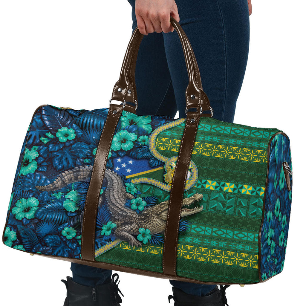 Solomon Islands Independence Day Travel Bag Crocodile Hibiscus Tribal Pattern