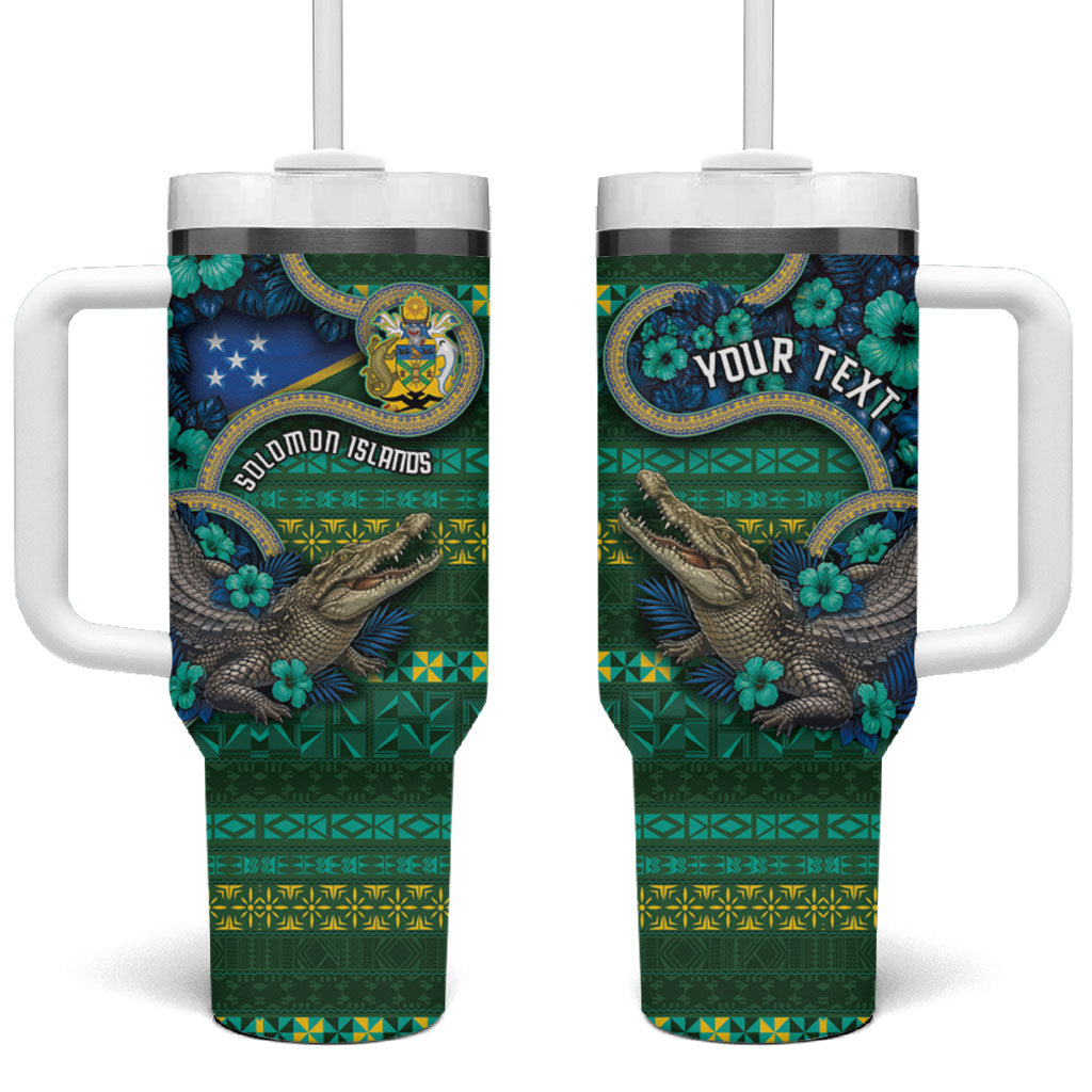 Personalised Solomon Islands Independence Day Tumbler With Handle Crocodile Hibiscus Tribal Pattern